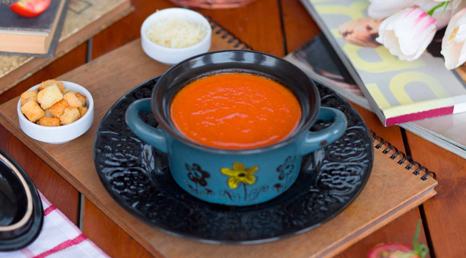 Tomato Soup with Parmesan Cheese and Croutons